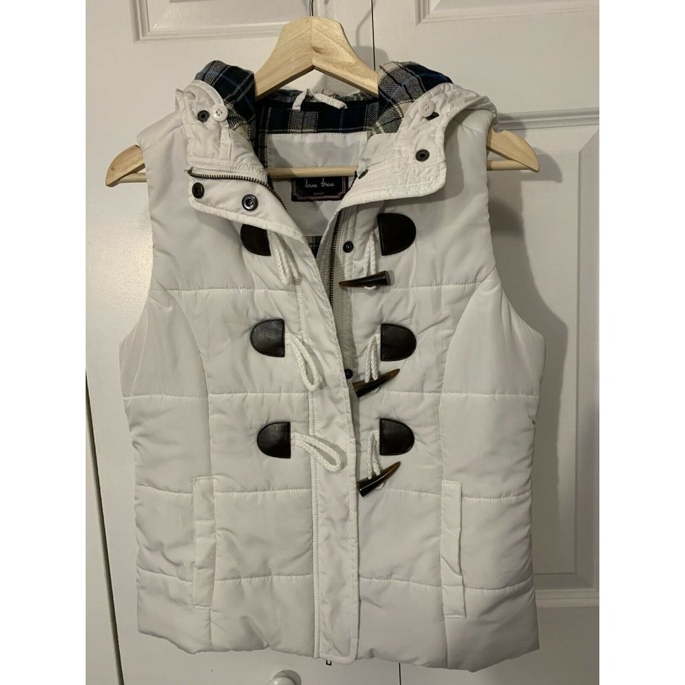 Love Tree white plaid lined women’s Sz S zipper closure hooded‎ puffer vest